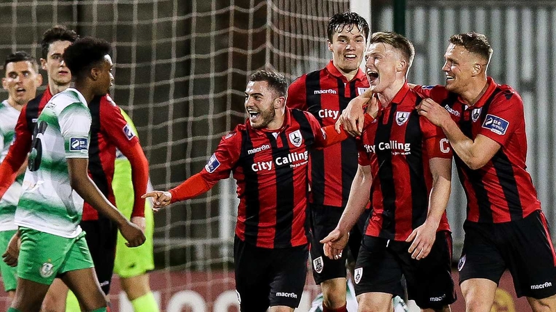 Daniel O'Reilly celebrates scoring the winner for Longford Town.