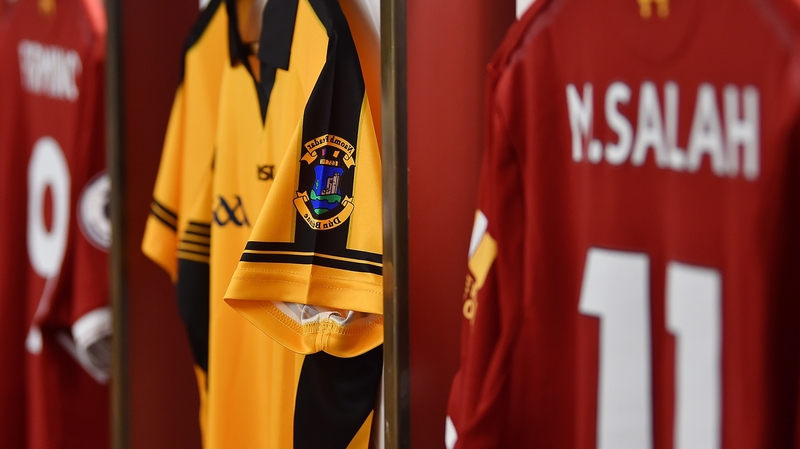 Dunboyne jerseys placed beside Liverpool jerseys in the Anfield dressing room