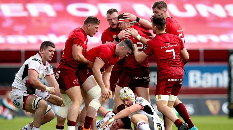 Munster's Mike Sherry celebrates winning possession with Brian Scott, Dave O'Callaghan and Conor Oliver