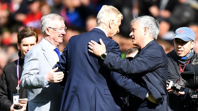 Ferguson, Wenger and Mourinho together on the Old Trafford pitch before kick-off