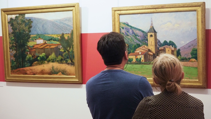 Visitors look at 'Le clocher de Ria' (The bell tower of Ria) at the museum dedicated to Etienne Terrus