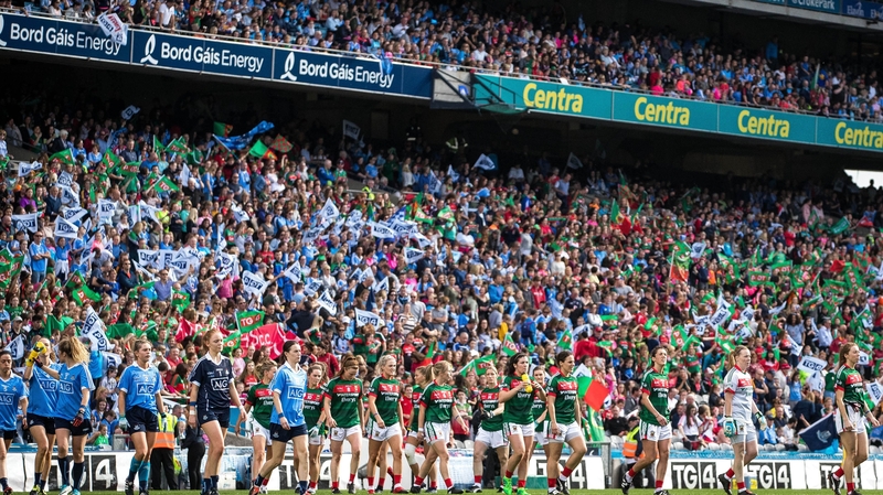 Dublin and Mayo walk on to the Croke Park pitch for the 2017 All-Ireland final