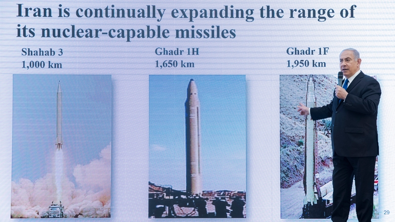 Israeli Prime Minister Benjamin Netanyahu describes Iran's nuclear programme in the Israeli Defense Ministry in Tel Aviv in April 2018. Photo: EPA-EFE/JIM HOLLANDER