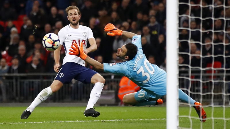 Harry Kane scores Tottenham's second goal against Watford at Wembley Stadium