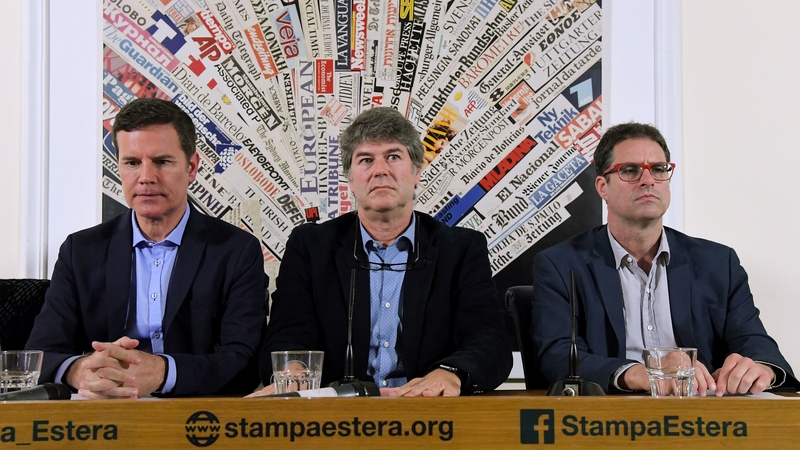 Jose Andres Murillo (R), James Hamilton (C) and Juan Carlos Cruz (L), at a news conference in Rome yesterday