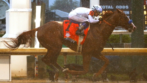 Justify ridden by jockey Mike Smith crosses the finish line to win the 144th running of the Kentucky Derby