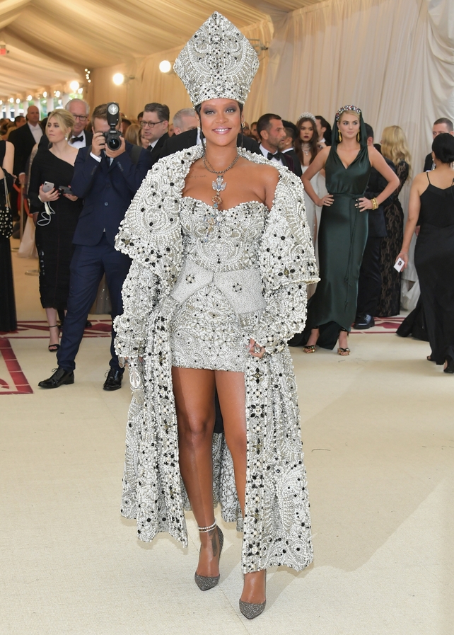 Rihanna wore a custom Maison Margiela by John Galliano to the 2018 event. Theme: Heavenly Bodies: Fashion and the Catholic Imagination.