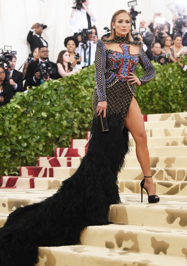 Jennifer Lopez rocked a Balmain dress for the 2018 event. Theme: Heavenly Bodies: Fashion and the Catholic Imagination.
