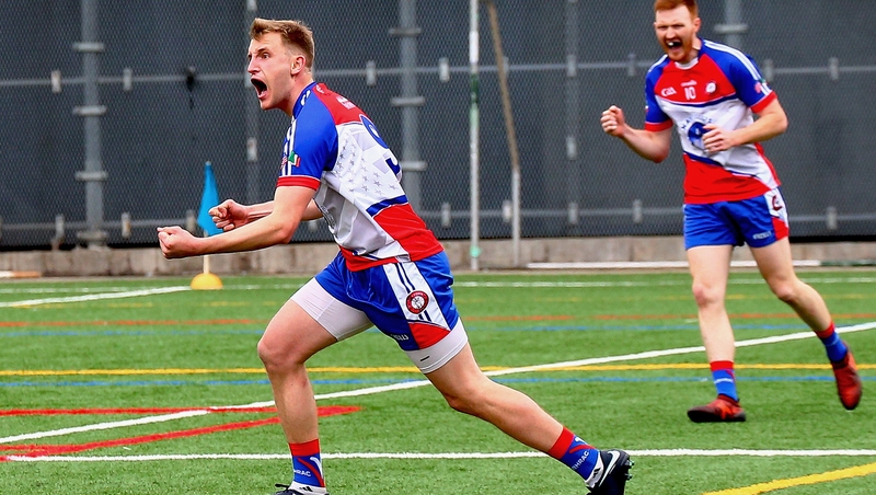 Shane Hogan celebrates his goal against Leitrim in the Connacht SFC defeat at Gaelic Park
