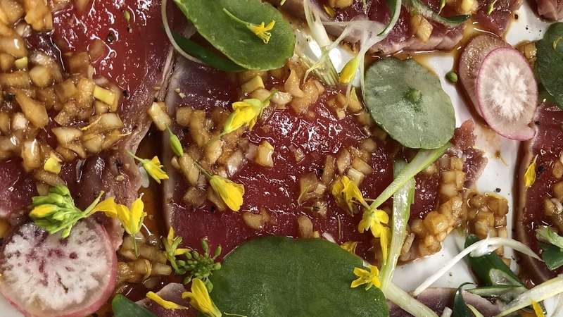 Tuna Sashimi with Crisped Radishes and Spring Onion