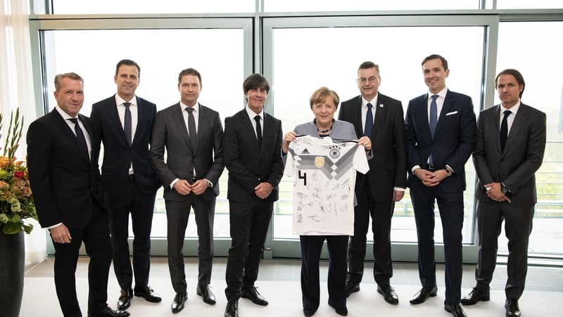 Coach Joachim Löw and some of the German squad pictured with Angela Merkel