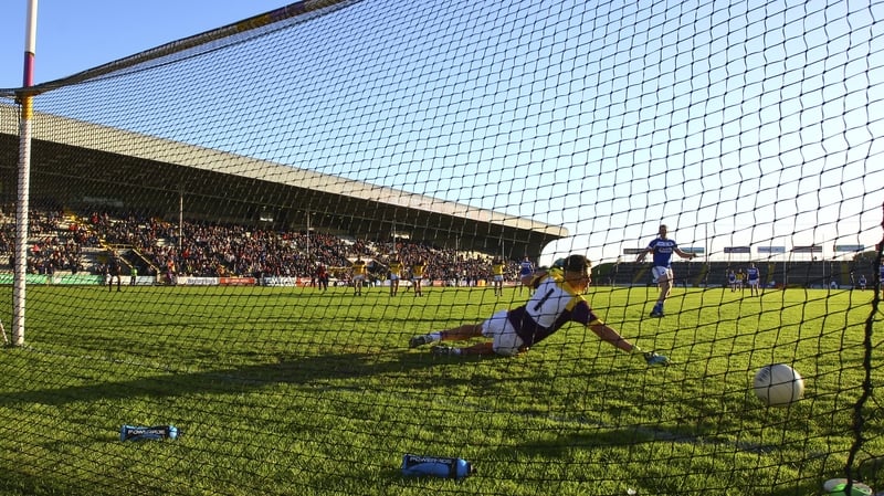 Donal Kingston of Laois scores a penalty against Wexford at Innovate Wexford Park