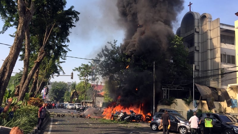 The scene of one of today's bomb attacks at a church in Surabaya