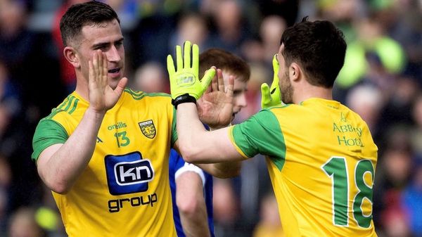 Donegal's Cian Mulligan celebrates his goal with Patrick McBrearty