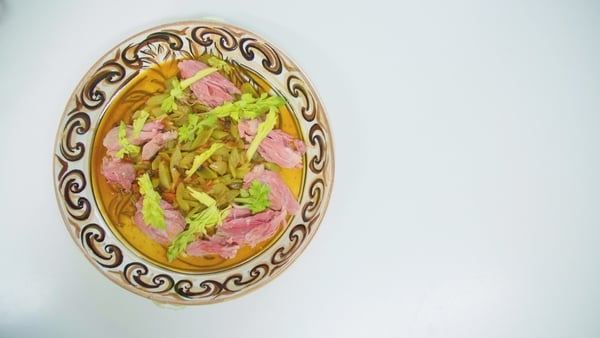 Ham Hocks with Mustard and Chive Cream; Celery with Tomatoes, Fennel and Raisins