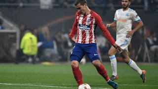 Atletico Madrid's Antoine Griezmann scores the opening goal during the Europa League final