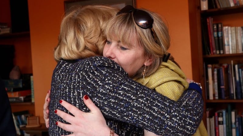 Emma Mhic Mhathúna embraces Sabina Higgins in Kerry this evening