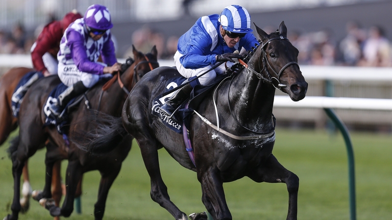 Jim Crowley riding Elarqam win The Tattersalls Stakes at Newmarket