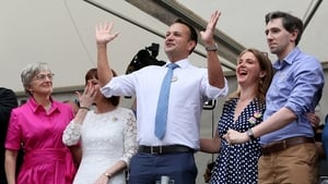 Taoiseach Leo Varadkar acknowledges the crowd at Dublin Castle