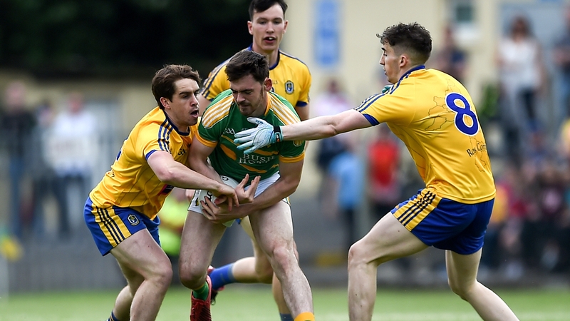 Leitrim's Mark Plunkett with David Murray and Cathal Compton of Roscommon