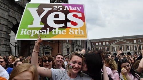 Repeal the 8th supporters celebrate as the referendum result was announced
