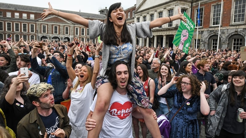 Crowds gathered in Dublin Castle following the referendum on the Eighth Amendment