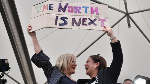 Michelle O'Neill and Mary Lou following victory for the 'Yes' side in the referendum
