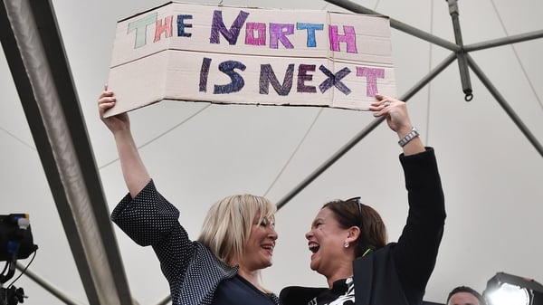 Michelle O'Neill and Mary Lou following victory for the 'Yes' side in the referendum