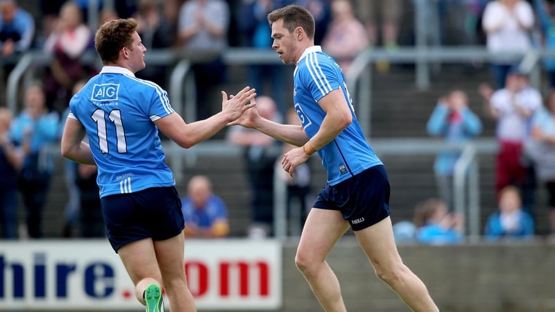 Dublin's Dean Rock celebrates scoring a goal with Ciaran Kilkenny
