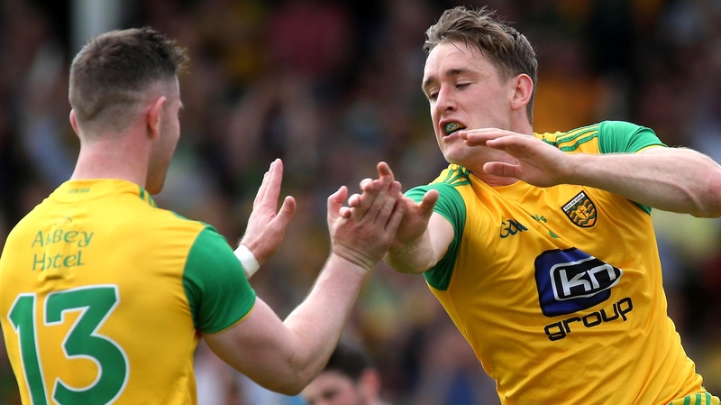 Donegal's Hugh McFadden celebrates his goal with Patrick McBrearty