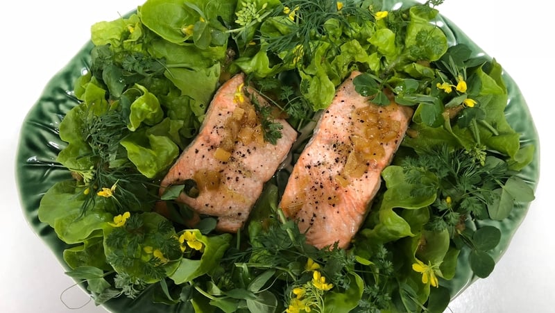Roast Wild Salmon with Lettuce Leaves, Pea Tendrils, Leaves and Flowers and Preserved Lemon Dressing