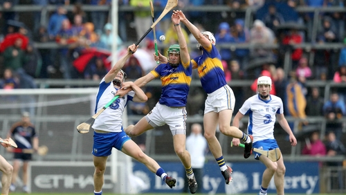 Philip Mahony (L), Noel McGrath (C) and Ronan Maher compete for the ball in he 2016 Munster final