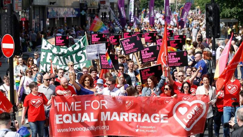 Up to 5,000 activists marched through Belfast to demand an end to the ban on same-sex marriage