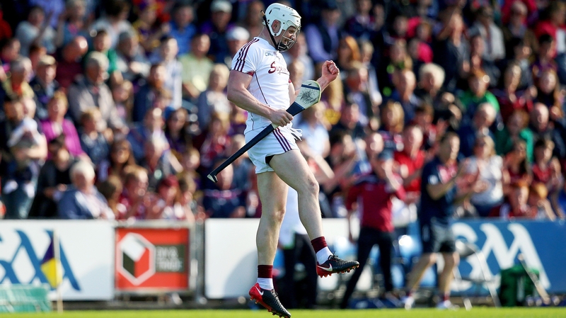 Joe Canning celebrates a score against Wexford