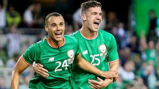 Graham Burke (L) wheels away in celebration