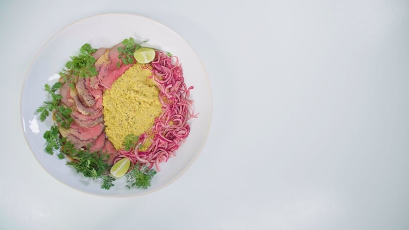 Roast Sirloin of Beef with Creamed Corn and Pickled Red Onions