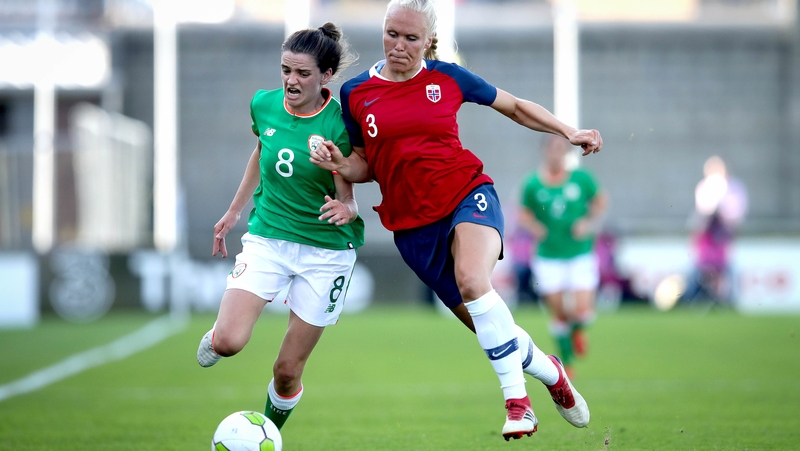 Ireland's Leanne Kiernan is challenged by Maria Thorisdottir of Norway