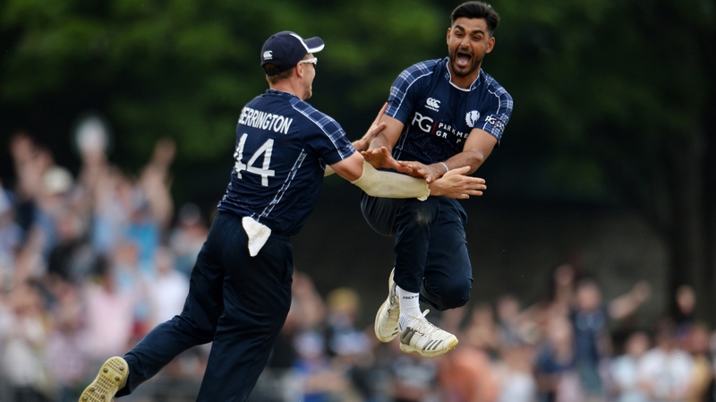 Safyaan Sharif celebrates after taking the final wicket of Mark Wood as Scotland win the One-Day International match in Edinburgh