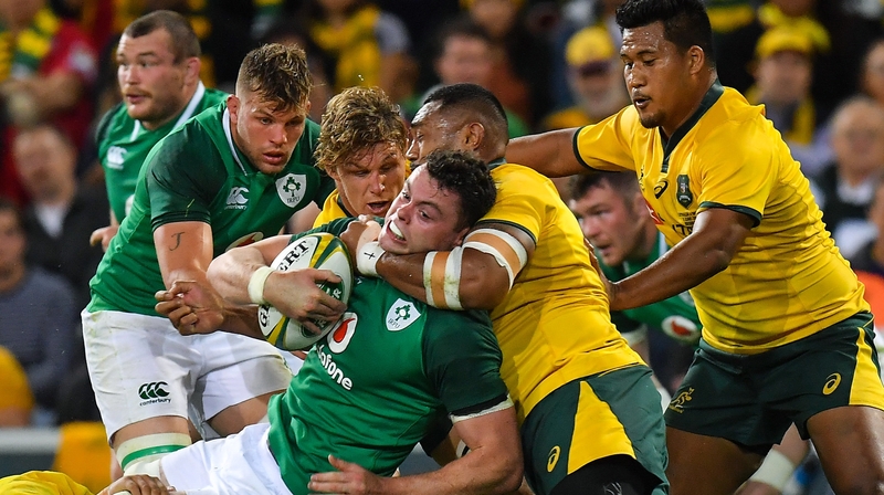 James Ryan is tackled by Australia's Sekope Kepu during the first test in Brisbane