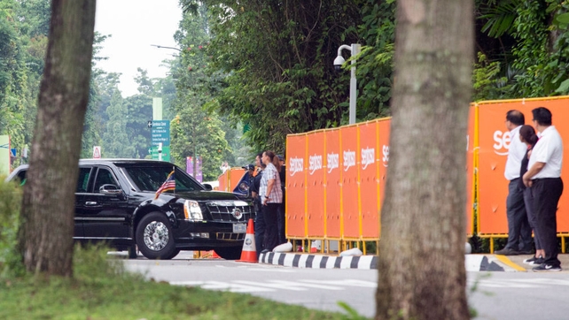 President Donald Trump's motorcade arrives at Capella Hotel ahead of North Korean leader Kim Jong-un's motorcade