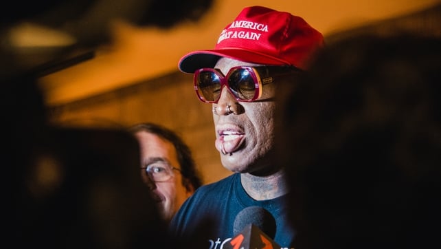 Retired NBA basketball player Dennis Rodman, who is one of a handful of Westerners to have visited North Korea and met Kim Jong-un, speaks to the media in the lobby of the Regent Hotel in Singapore