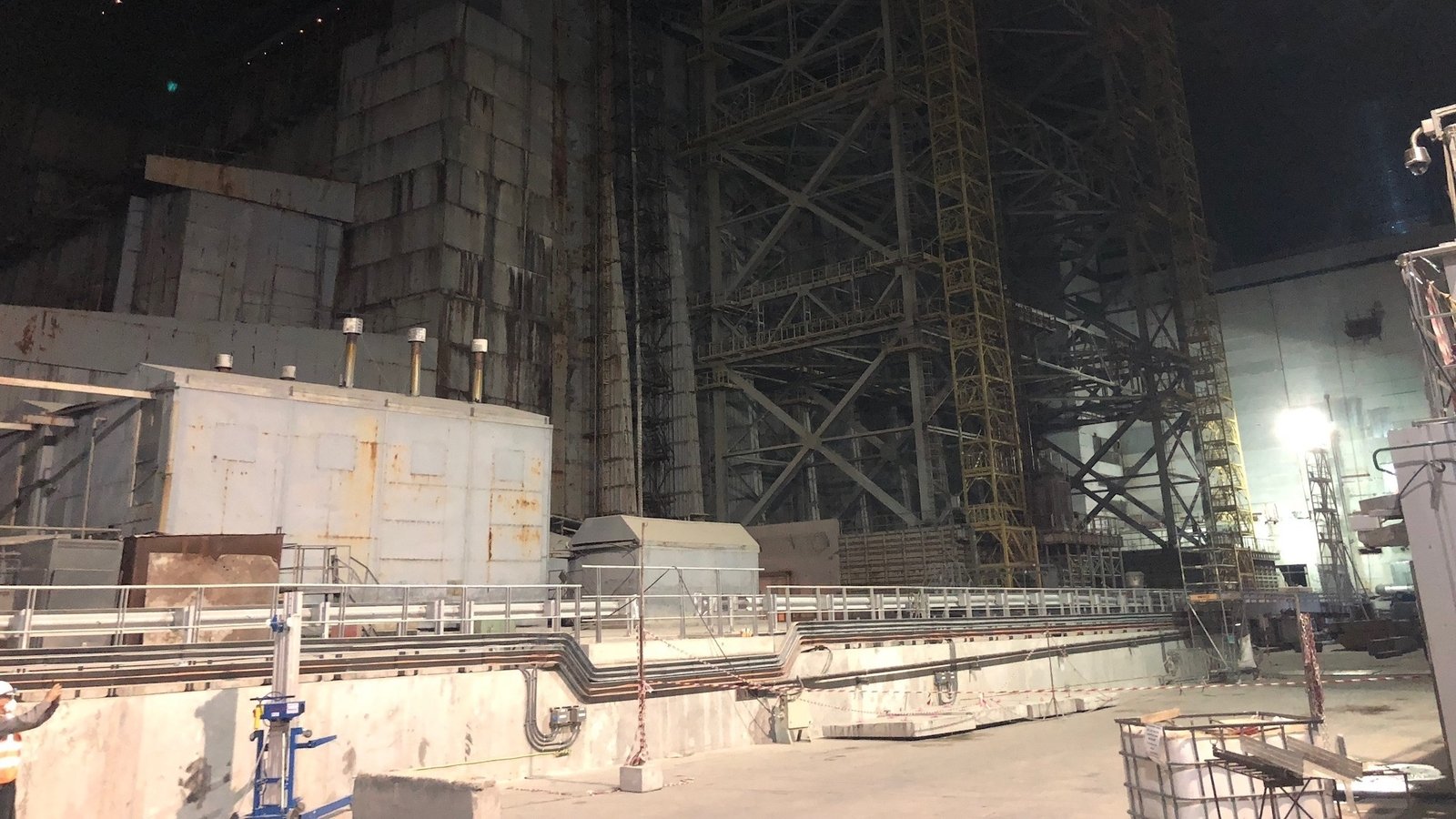 The remains of the original concrete sarcophagus surrounding Reactor No.4 inside the NSC unit