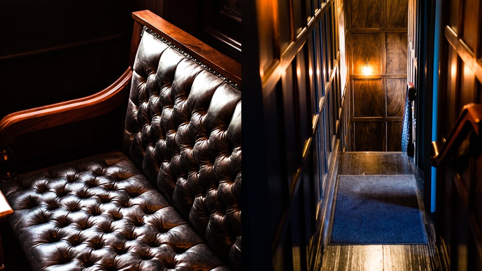 (L) Leather sofas in the ground floor snug and (R) Wood cladding on the stairway walls