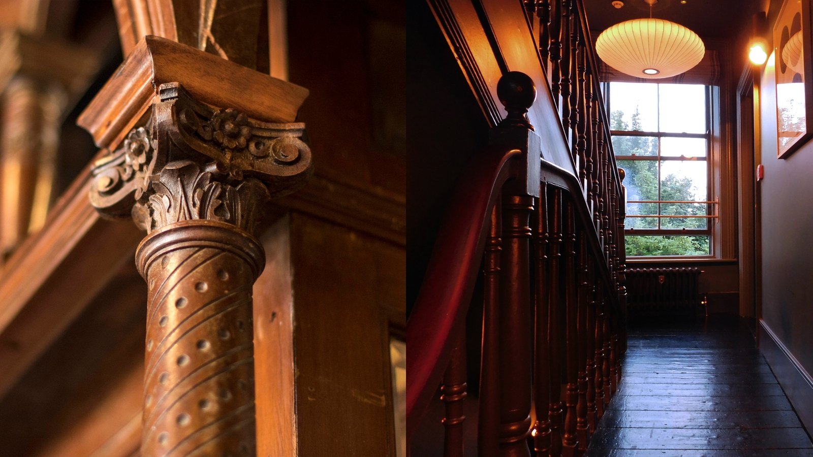 (L) The refinished Victorian bar and (R) Silk lanterns and dark walls on the return