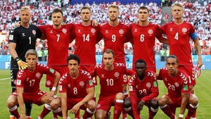 The Danish players line up for their pre-match team photo