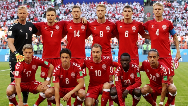 The Danish players line up for their pre-match team photo