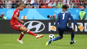Yussuf Yurary Poulsen scores the opening goal at the at Mordovia Arena
