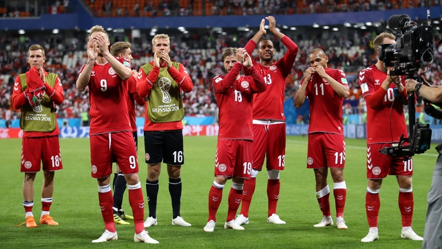 The Danish players applaud their fans after the game in Saransk