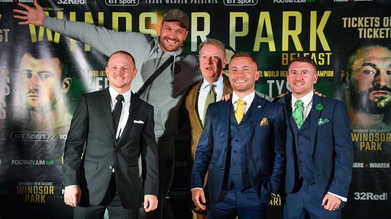 Luke Jackson, Tyson Fury, promoter Frank Warren, Carl Frampton and Paddy Barnes promoting the fight