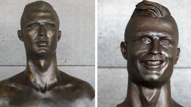 A new sculpture of the footballer (L) has replaced an earlier one (R) which gained cult popularity last year
